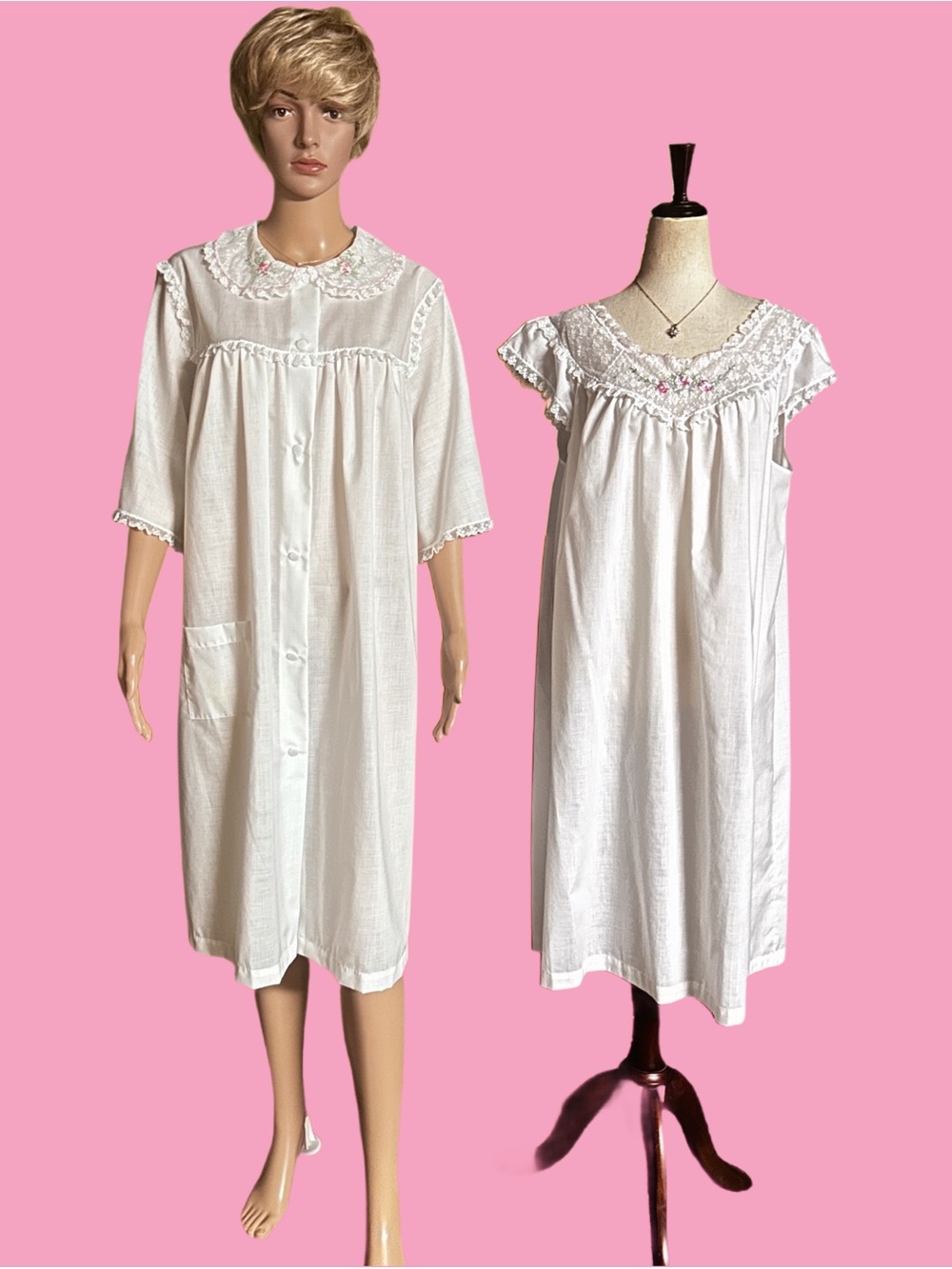 Sears ~ Large ~ White W/ Pink Embroidery ~ USA ~ 2 Piece ~ Nightgown & Robe Set